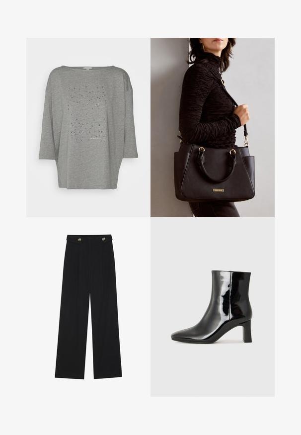 Esprit Camisola de manga comprida - gunmetal; Calças largas pretas com cintura alta, detalhes em botão na cintura e pregas frontais.; Botim de tornozelo em pele sintética preta com bico apontado e salto bloco de altura média. Textura suave e design minimalista.; Bolsa preta com superfície texturizada, alças superiores duplas e alça de ombro ajustável. Apresenta ferragens em tom dourado e bolsos laterais.