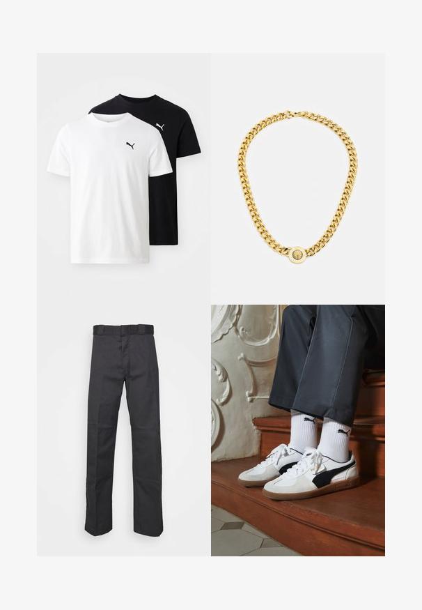Dvě trička s krátkým rukávem: jedno bílé a jedno černé, obě s kulatým výstřihem a černým logem Puma na hrudi. Bavlněná tkanina.; Černé kalhoty vyrobené z odolné látky, s rovnými nohavicemi, pasem s poutky na opasek a švy pro větší texturu.; Puma tenisky v bílé a černé semišové úpravě, s hnědou gumovou podrážkou. Kombinované s bílými ponožkami, na kterých je černé logo, nošeny s tmavými kalhotami.; Zlatý řetězový náhrdelník s velkými propletenými články, zdobený kruhovým přívěskem se zvýšeným emblémem uprostřed.
