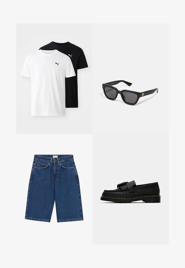 Duas t-shirts de manga curta: uma branca e uma preta, ambas com um decote redondo e o logo da Puma em preto no peito. Tecido de algodão.; Calções de ganga em azul escuro, com um design de cinco bolsos, corte reto e costuras visíveis. Textura suave e cintura média.; Loafer de couro preto com franjas, costura amarela ao longo da sola e uma sola de borracha espessa e estriada.; Óculos de sol retangulares pretos com acabamento brilhante, lentes escuras e detalhes em dourado na haste com o logótipo.