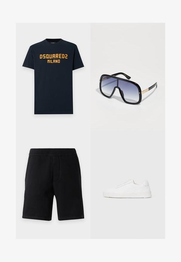 Marineblå bomulls-T-skjorte med fet oransje tekst "DSQUARED2 MILANO" over brystet. Klassisk rund hals og korte ermer.; Sorte treningsshorts laget av mykt materiale; har en elastisk midje, to sidelommer og kontraststing.; Hvit sneaker med en glatt skinnoverdel, avrundet tå, snøring, teksturerte sideakenter og en tykkgummisåle. Minimalistisk design.; Overdimensjonerte svarte solbriller med gradient lilla linser, glansfull finish og gullakenter på stilken. Rektangulær rammeform.