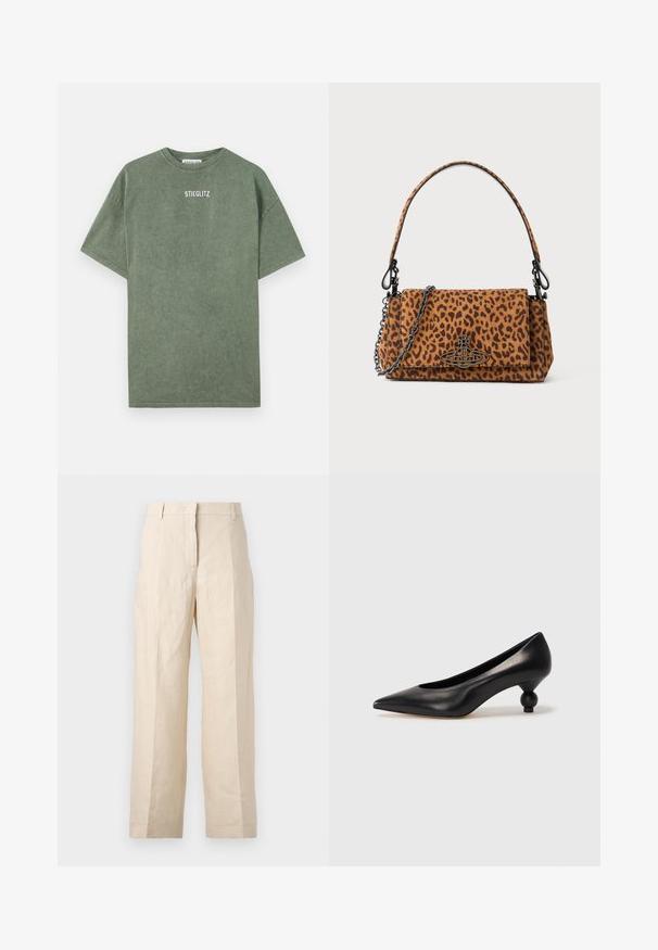 Green cotton t-shirt with a crew neckline, short sleeves, and a printed "STIEGLITZ" logo on the chest. Soft texture and casual fit.; Beige linen trousers with a loose fit, pleated front, and straight legs. Features a waistband with belt loops and no visible pockets.; Black leather high heel shoe with a pointed toe and a round, balled heel. Smooth texture with a sleek, minimal design.; Leopard print handbag made of suede with a short handle, a chain strap, and a black hardware clasp. Rectangular shape with a flap closure.