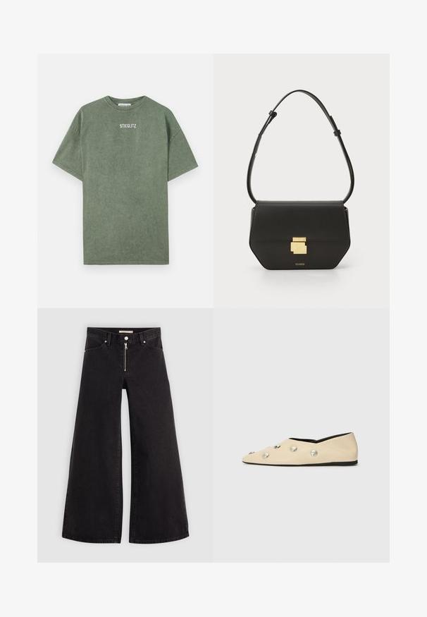 Zelené bavlnené tričko s okrúhlym výstrihom, krátkymi rukávmi a potlačou loga "STIEGLITZ" na hrudi. Mäkká textúra a pohodlný strih.; Dlhé nohavice vo voľnom strihu z čierneho denimu so zipsom vpredu, päť vrecúškovým dizajnom a jemnými stehovými detailmi. Hladká textúra a neformálny štýl.; CLOSED Balerínky - ecru; CLOSED CLOSED ONE - Taška cez plece - black