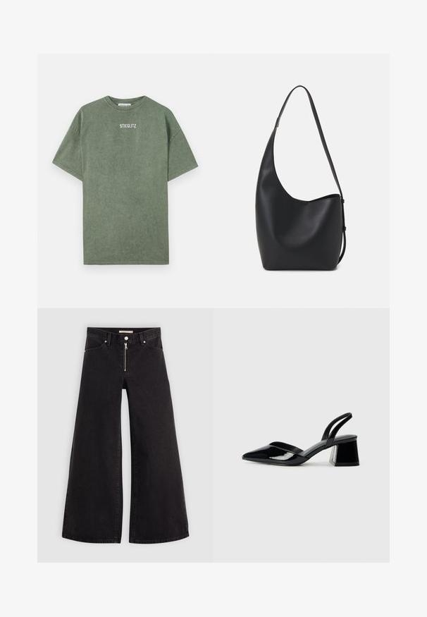 Zelené bavlněné tričko s kulatým výstřihem, krátkými rukávy a potištěným logem "STIEGLITZ" na hrudi. Měkká textura a volný střih.; Džíny s širokými nohavicemi v černém denimovém provedení se zipem vpředu, pěti kapsami a jemnými švy. Hladká textura a ležérní styl.; Černé lakované kožené lodičky na pásku s špičatou špičkou a geometrickým blokovým podpatkem. Vyznačují se elegantním, minimalistickým designem a hladkým povrchem.; Černá kožená hobo taška s hladkým povrchem, zakřiveným tvarem a jedním nastavitelným popruhem; má široké otevírání nahoře.