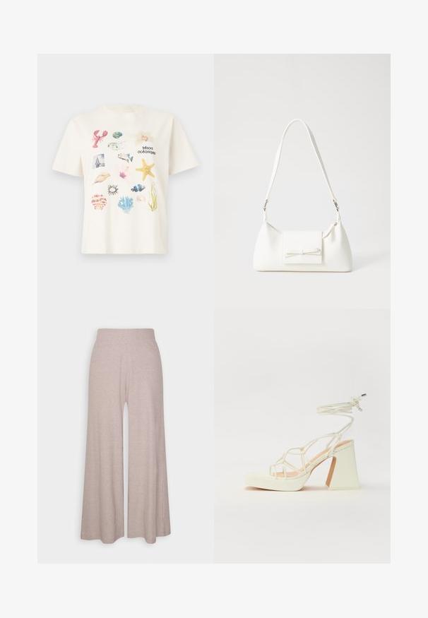 Krém színű pamut póló, amelyen tengeri témájú grafikai kollázs található, beleértve kagylókat, egy homárt és tengeri növényeket.; Világosszürke, bőszárú nadrág, puha, bordás anyagból készült, magas derékpánttal és teljes hosszúságú lábakkal, finom textúrával.; Fehér, magassarkú szandál vastag sarokkal, pántos dizájnnal és bokapánttal. Sima textúra, elülső platformmal a megnövelt magasság érdekében.; Fehér szintetikus kézitáska, háromszög alakú, lapos előlap, masni részlettel, állítható pánttal, sima textúrával és minimalista dizájnnal.