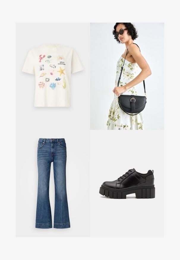 Kremowa bawełniana koszulka z grafiką przedstawiającą kolaż motywów oceanicznych, w tym muszli, homara i roślin morskich.; Dzinsy typu flare w ciemnoniebieskim kolorze. Posiadają pięć kieszeni, szlufki na pasek oraz pomarańczowe przeszycia. Gładka tekstura z klasycznym krojem.; Czarne skórzane buty na platformie z masywnym słupkowym obcasem, okrągłym noskiem i klasycznym sznurowaniem. Posiadają gładką teksturę i minimalne wykończenia.; Czarna skórzana torebka o zakrzywionym kształcie, z odpinanym paskiem i złotymi akcentami. Torebka posiada klapę z zapięciem w kształcie klamry.