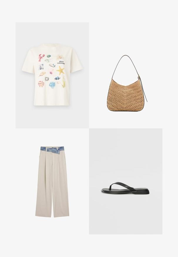 Crème-kleurig katoenen T-shirt met een collage van oceaan-thema graphics, inclusief schelpen, een kreeft en zeeplanten.; Lichtbeige wijde broek met een denim tailleband, voorzien van twee knopen en geplooide details aan de voorkant. Gladde textuur en ontspannen pasvorm.; Zwarte teenflip-flop van glad leer, met een dunne band en een platte zool met een minimalistisch profiel. Geen opvallende patronen of accenten.; Geweven rieten schoudertas met een gebogen vorm, voorzien van een donkere leren strap en een gemêleerd oppervlak met een chevronpatroon.
