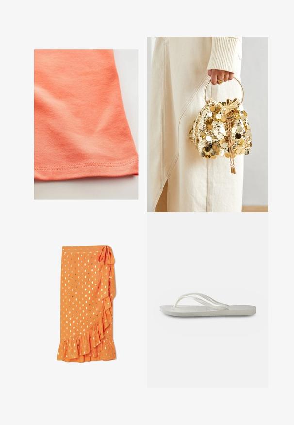 Kurzärmeliges T-Shirt in Korallenorange, aus glattem Baumwollstoff mit leichtem Stretch. Mit abgerundetem Saum und feiner Naht.; Oranges langärmliges Hemd aus leichtem Stoff, mit goldenen Punkten, Knopfleiste und geknöpften Manschetten, in einem entspannten Schnitt.; Oranger Wickelrock mit goldenen Punkten, Rüschensaum und seitlichem Bindeband. Hergestellt aus leichtem Stoff, mit glatter Textur.; Weiße Flip-Flops mit einer strukturierten Sohle, dünnen Riemen und einem flachen Design. Hergestellt aus Gummi mit einem dezenten Logo auf der Fußsohle.; Goldfarbene Drawstring-Handtasche mit einem runden Griff, verziert mit glänzenden runden Pailletten und einem strukturierten Stoff. Abmessungen sind nicht angegeben.