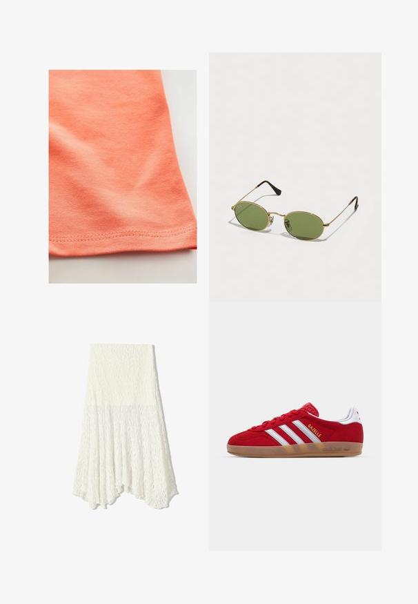 Majica kratkih rukava u koraljno narančastoj boji, izrađena od glatkog pamuka s blagim rastezljivim svojstvom. Ima zakrivenu donju ivicu i fino šivanje.; Bijela čipkasta suknja s teksturiranim uzorkom, koja ima asimetrični rub i lepršavu siluetu, izrađena od laganog materijala.; Crvene nubuk tenisice s bijelim dizajnom tri pruge i zlatnim natpisom "Gazelle". Sadrže gumeni potplat i teksturiranu petu.; Ovalne sunčane naočale sa zelenim lećama, okvirom od zlatnog metala i tamnosmešnim plastičnim vrhovima. Lagane i sa vidljivim Ray-Ban logom na jednoj leći.