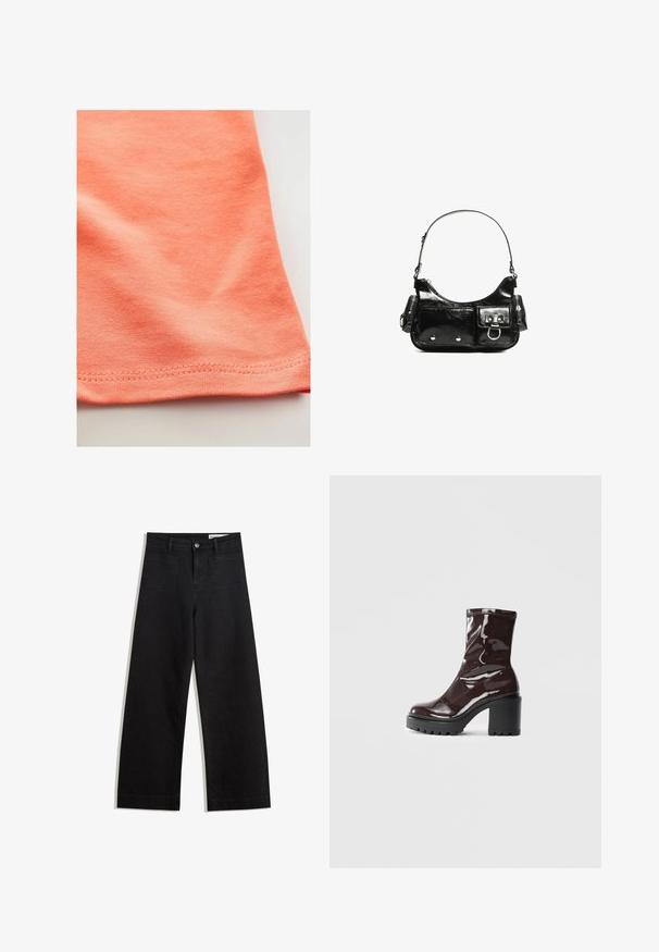 Kurzärmeliges T-Shirt in Korallenorange, aus glattem Baumwollstoff mit leichtem Stretch. Mit abgerundetem Saum und feiner Naht.; Schwarze weit geschnittene Jeans mit hoher Taille, ausgestattet mit Vorder- und Hintertaschen, gesteppten Nähten und einem Knopfverschluss. Glatte Textur.; Glatte bordeauxrote Ankle Boots mit einem klobigen schwarzen Absatz, die eine glatte Oberfläche und ein einfaches Design aufweisen. Keine sichtbaren Verschlüsse oder Muster.; Schwarze Lackleder-Handtasche mit geschwungenem Design, einem Schulterriemen, Vordertaschen und silberfarbenen Hardware-Akzenten.