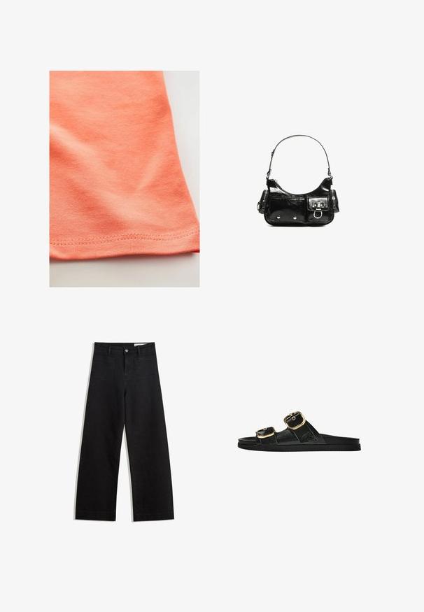 Koszulka z krótkim rękawem w kolorze koralowo-pomarańczowym, wykonana z gładkiej bawełny z lekkim streczem. Posiada zaokrąglony dół i staranne przeszycia.; Czarne dżinsowe spodnie o szerokich nogawkach i wysokim stanie, z przednimi i tylnymi kieszeniami, przeszyciami oraz zapięciem na guziki. Gładka struktura.; Czarne klapki z dwoma złotymi klamrami, gładki materiał, płaska podeszwa i minimalistyczny design.; Czarna torebka z lakierowanej skóry o zaokrąglonym kształcie, z jednym paskiem na ramię, przednimi kieszeniami i akcentami w kolorze srebrnym.
