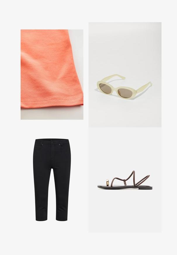 Kortärmad t-shirt i korallorange, tillverkad av slätt bomullstyg med en lätt stretch. Har en rundad nederkant och fina sömmar.; Svarta korta slim-fit byxor med framknäppning, dragkedja och fram- samt bakfickor, visade på vit bakgrund.; Bruna platta sandaler med flera smala remmar, en tånopp och en gyllene detalj. Sulan är platt och har en slät yta.; Ovala solglasögon med en genomskinlig ljusgul ram och bruna linser. Har en mjuk yta och subtila hårdvaruaccenter på sidorna.; Vävd halmmörs som har en halvmåneform, med en strukturerad yta, beige färg och en dekorativ tofsdetalj. Guldmetalldetalj med logotyp.