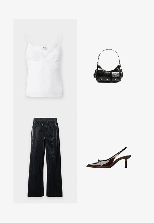 Top alb cu bretele subtiri ajustabile, de tip cami, cu decolteu în V și broderie florală delicată pe toată suprafața. Textură fină și ușoară.; Pantaloni negri, cu picioare largi, confecționați dintr-un material lucios. Prezintă un brâu elastic și cusături verticale pentru structură și design. Textură netedă.; Pantofii slingback din piele lăcuită maro, cu vârf ascuțit, toc mic și un accent decorativ sub formă de fundă în față. Textură netedă și strălucitoare.; Geantă de mână din piele lăcuită neagră, cu o formă curbată, un umăr, buzunare frontale și accente din metal argintiu.