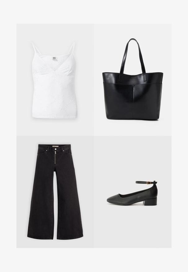 Bela majica brez rokavov z V-izrezom, tankimi nastavljivimi naramnicami in nežnim cvetličnim vezenjem po celotni tkanini. Gladek, lahkoten material.; Široke traperice iz črnega denima z zadrgo spredaj, petimi žepi in diskretnimi šivi. Gladka tekstura in ležeren slog.; Črne usnjene pumpice z nazobčanimi prsti in nizko blokasto peto. Imajo trak okoli gležnja z zaponko v zlatem tonu. Gladka tekstura.; Črna usnjena torba z dvema dolgima ročajema, gladko teksturo in strukturirano obliko. Ima sprednji žep za dodatno shranjevanje.