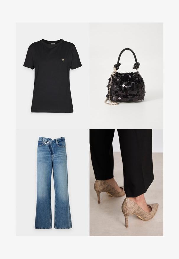Svart t-skjorte laget av myk stoff, med rund hals og korte ermer. Den har en liten trekantet logo på brystet.; Lyseblå denim flared jeans med høy midje, med to knapper og frontlommer. Stoffet har en falmet tekstur med subtile variasjoner.; Beige høyhælte sko med teksturert stoff som har et gjentatt mønster. Spiss tådesign med bakdetalj og gullhelsjekk.; Svart paljettmini-veske med en knyttet teksturert stropp og sølvkjede. Rund form med samlet topp og reflekterende detaljer.