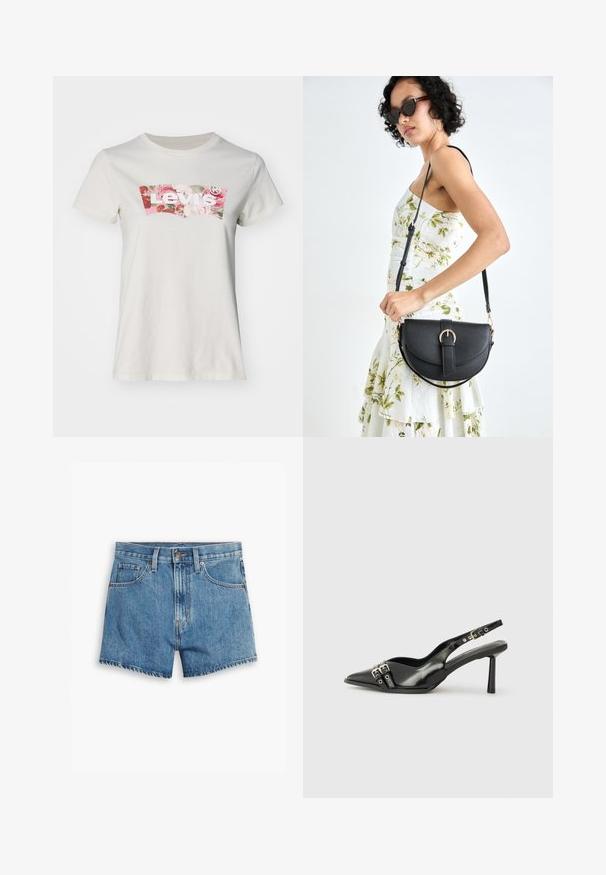 Levi's® - T-shirt z nadrukiem; Jasnoniebieskie szorty dżinsowe z pięcioma kieszeniami, z zamkiem błyskawicznym i zapięciem na guzik. Rant jest postrzępiony, a krój jest luźny.; Czarne lakierowane buty typu slingback z ostrym noskiem, paskami na kostkach z srebrnymi klamrami i elementami metalowymi oraz smukłym obcasem.; Czarna skórzana torebka o zakrzywionym kształcie, z odpinanym paskiem i złotymi akcentami. Torebka posiada klapę z zapięciem w kształcie klamry.
