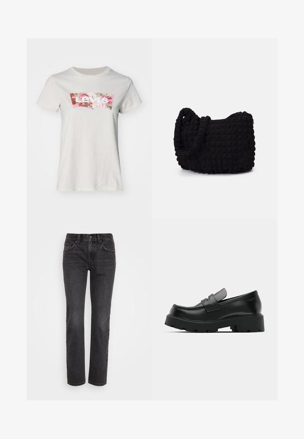 Levi's® LSE THE PERFECT TEE - Nyomott mintás póló - white swan; Fekete farmernadrág egyenes szárú szabással, klasszikus öt zsebes kialakítással, cipzáras zipzárral és kontrasztos varrással az illesztéseknél.; Fekete bőr loaferek, vastag, texturált talppal, egy pánttal a lábujj részen és sima, polírozott felülettel.; Fekete szövet táska texturált, steppelt mintával. Kerek formájú, rövid, vastag fogantyúkkal és puha, rugalmas szerkezettel.