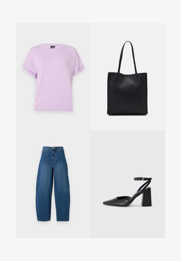 Lillāka īsām piedurknēm T-krekls, kas izgatavots no mīksta auduma, ar brīvu piegriezumu un sarullētām piedurknēm. Vienkārša apaļā izgriezuma forma bez rakstiem vai akcentiem.; Denim bikses vidējā zilā krāsā ar augstu jostasvietu, platām kājām un standarta piecu kabatu dizainu ar redzamām šuvju detaļām.; Melna ādas augstpapēžu kurpe ar norakstīto purngala formu, potītes siksniņu un masīlu papēdi. Gluda tekstūra, elegants dizains un minimālisma estētika.; Melnas ādas somiņa ar gludu tekstūru, taisnstūra formu un divām garām rokturiem. Nav redzamu aparatūras vai rotājumu.