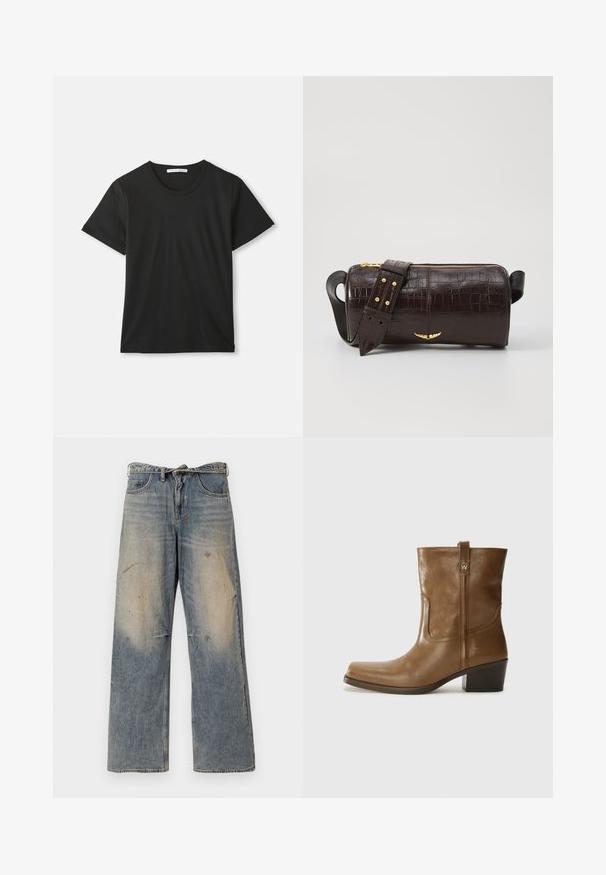 Tricou din bumbac cu mânecă scurtă, de culoare neagră, cu guler rotund, așezat plat pe un fundal alb, având eticheta brandului vizibilă în interiorul gulerului.; Jeans din denim albastru deschis cu un design lejer și drept pe picioare. Prezintă efecte de uzură, decolorare și detalii uzate în jurul genunchilor. Stil clasic cu cinci buzunare.; Botine din piele maro, cu vârf pătrat, finisaj texturat și toc mic, îngrămădit. Prezentă un tab de tragere la spate și detalii subtile de coasere.; Geantă din piele căptușită cu un model de crocodil de culoare maro, cu o formă cilindrică, accesorii de culoare aurie și un curea detasabilă cu tăieturi.