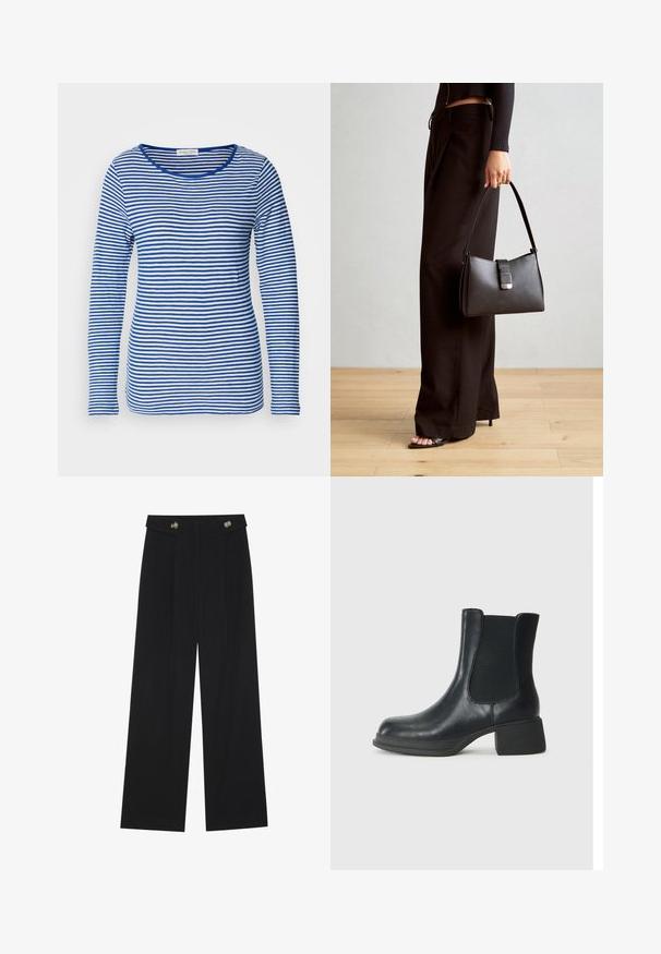 Pika-särg, millel on madal kaelus, ja vahelduvad sinised ja valged horisontaalsed triibud. Valmistatud pehmest ja kergest kangast.; Mustad laiad püksid kõrge vöökoha ja nööpdetailidega vööandil, esikortsudega.; Mustadast mustast nahast pahkluu saabas, millel on elastsed külgpaneelid, ümar varvas ja madal plokk kand. Pinndl on sile tekstuur ja minimaalne detailide arv.; Must musta kott, millel on struktureeritud kuju, sile tekstuur ja metallist klamber. Kombineeritud laiate mustade pükstega ja avatud varvaste sandaalidega puidust põrandal.