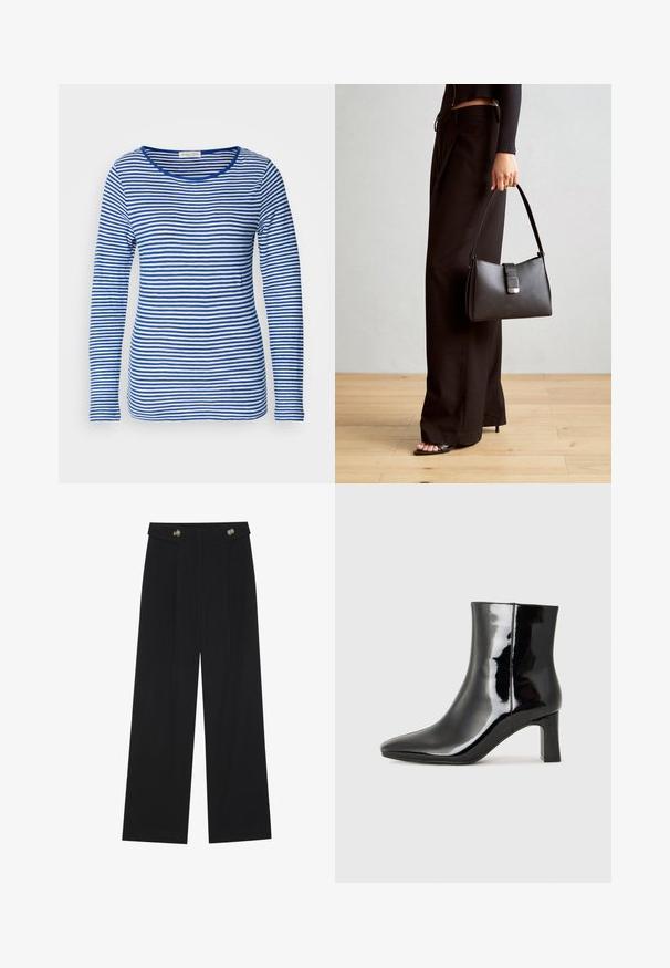 Μπλούζα με μακριά μανίκια και στρογγυλή λαιμόκοψη, με εναλλασσόμενες μπλε και λευκές οριζόντιες ρίγες. Φτιαγμένη από μαλακό, ελαφρύ ύφασμα.; Μαύρο παντελόνι φόρμας σε φαρδιά γραμμή με ψηλή μέση, κουμπιά στη μέση και πλαϊνές τσέπες.; Μαύρη πατενταρισμένη δερμάτινη μπότες αστραγάλου με μυτερή μύτη και μεσαίο τετράγωνο τακούνι. Λείος υφή και μινιμαλιστικός σχεδιασμός.; Μαύρη τσάντα χειρός με δομημένο σχήμα, λεία υφή και μεταλλικό κούμπωμα. Συνδυασμένη με φαρδιά μαύρα παντελόνια και σανδάλια ανοιχτής μύτης πάνω σε ξύλινο πάτωμα.