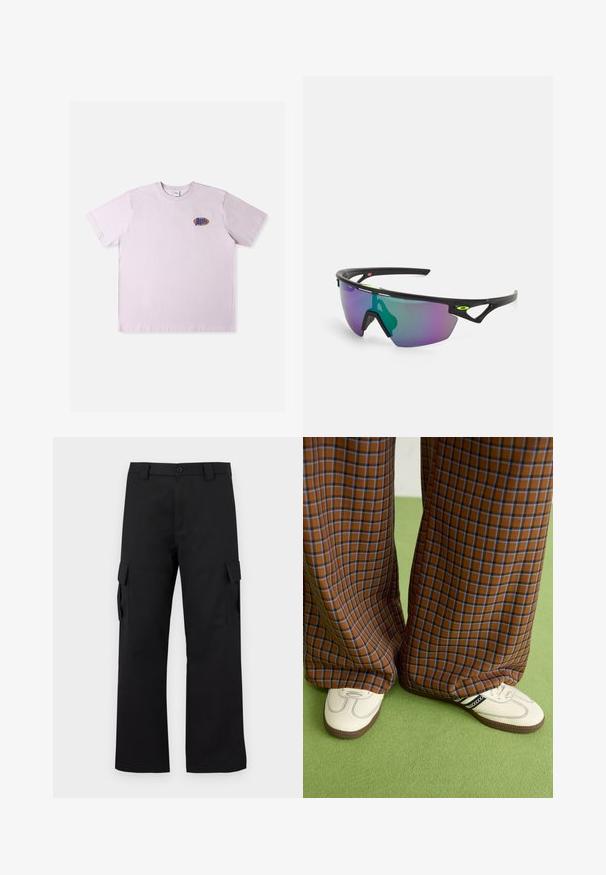 Růžové bavlněné tričko s krátkými rukávy, s malým vícebarevným logem na levé straně hrudi. Jednoduchý, volný střih.; Černé cargo kalhoty s rovnou nohavicí. Vyrobené z odolného materiálu, obsahují dvě boční kapsy se zapínáním na klopu a knoflíkový zip.; Hnědo-modré kostkované široké kalhoty doplněné bílými botami s černými akcenty a texturovanou podrážkou, umístěné na zeleném pozadí.; Sportovní sluneční brýle s černým rámem, velkým gradientním sklem s fialovými a zelenými odstíny a hranatými designovými akcenty s detailem loga.