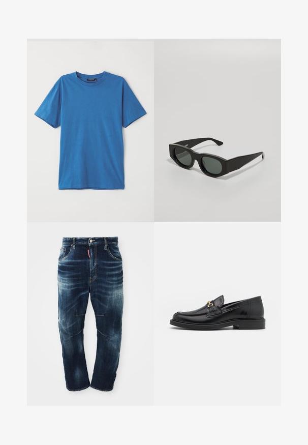 Sininen puuvillapaita lyhythihainen, pyöreä kaula-aukko ja sileä pinta. Ei kuvioita tai yksityiskohtia. Yksinkertainen, klassinen muotoilu.; Tummansiniset farkut, joissa on haalistunut pesu, viisi taskua, vetoketjusuljenta ja erottuva ompelu. Polvissa on lievää kulutusta.; Musta nahkainen loafers-tyylinen kengät, joissa on pyöreä kärki, kultaiset yksityiskohdat ja ompelutiedot, asetettu matalalle, teksturoidulle kumipohjalle.; Mustat suorakulmaiset aurinkolasit, joissa on vihreät sävytetyt linssit, paksut kehykset ja tasaiset templet, joilla on sileä muovinen pinta.