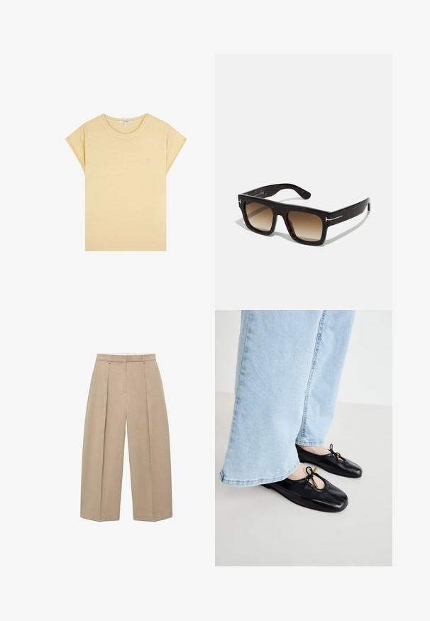 Żółta koszulka z krótkim rękawem uszyta z miękkiego materiału. Ma okrągły dekolt oraz małe, haftowane logo z przodu. Prosty design.; Beżowe, szerokie spodnie wiszące pionowo, z przednimi zakładkami i płaskim paskiem w talii, ukazujące neutralny i elegancki styl.; Czarne skórzane baleriny z okrągłym noskiem, z wycięciem i detalem kokardy, noszone z jasnoniebieskimi szerokimi spodniami dżinsowymi.; Okulary przeciwsłoneczne w kolorze żółwia z kwadratową ramą, gradientowymi brązowymi soczewkami i subtelnymi złotymi akcentami na zausznikach.
