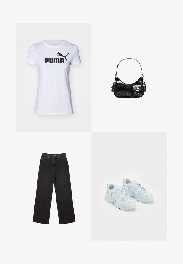 Hvid bomulds t-shirt med rund halsudskæring, der har et stort sort "PUMA" logo og en sort puma silhuet på venstre skulder.; Sorte brede jeans lavet af denim, med små prikkede mønstre, klassisk fem-lomme design og en knap- og lynlåslukning.; Lyseblå atletik sko med en overdel af mesh og syntetisk materiale, der har hvide prikker og reflekterende detaljer, snørebåndsdesign og polstrede såler.; Sort patenteret læder håndtaske med en buet form, en skulderrem, frontlommer og hardware accenter i sølvfarve.