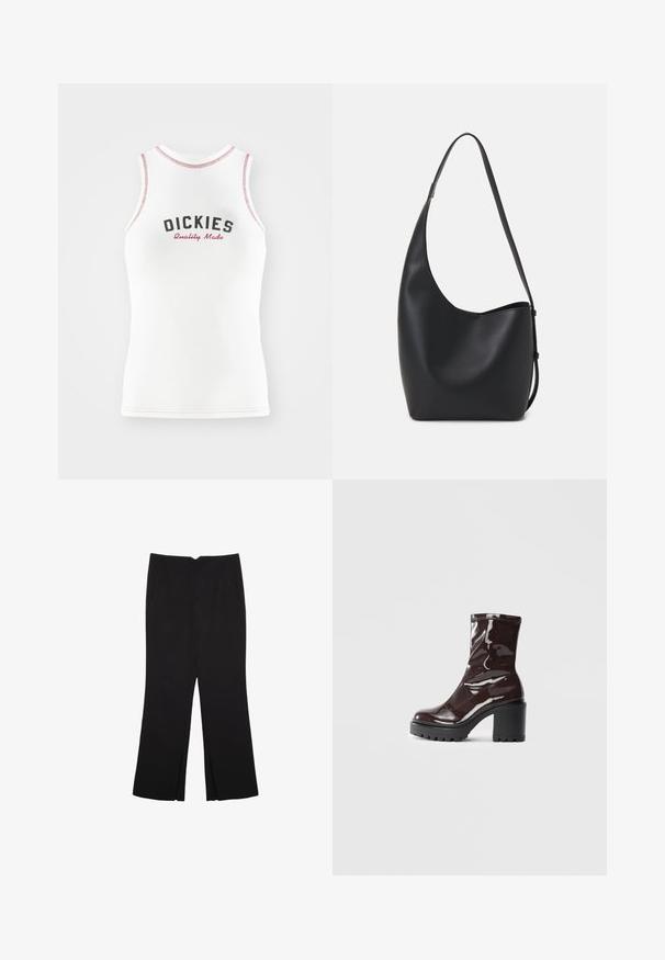 Bela brezrokavna majica s tankimi naramnicami z rdečim in črnim napisom "DICKIES Quality Made". Ima kontrastne rdeče šive in klasičen kroj.; Črne hlače ravnega kroja z naglavnimi žepi in stranskimi razporki na robu. Narejene iz mehke, gladke tkanine. Primerne za različne priložnosti.; Sijajan škrlatank z bleščečim videzom, z masivnim črnim peto, ki se ponaša z gladko teksturo in preprostim dizajnom. Brez vidnih zapenjal ali vzorcev.; Črna usnjena hobo torba z gladko teksturo, ukrivljeno obliko in eno nastavljivo naramnico; ima širok odprtina na vrhu.