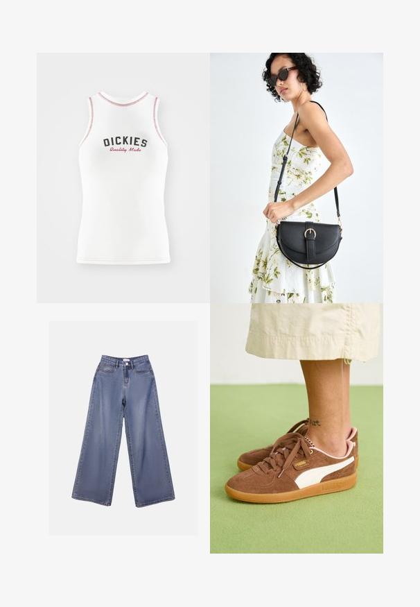 Camiseta sin mangas blanca con el texto en rojo y negro "DICKIES Quality Made". Presenta un ribete de costura roja en contraste y un corte clásico.; Jeans de mezclilla de pierna ancha en un lavado azul claro, con una cintura alta, bolsillos frontales y un cierre de botón con trabillas para el cinturón.; Zapatillas de ante marrón con acentos blancos, suela de goma y talón rosa. Cuerdas y detalles de marca visibles. Tatuaje en el tobillo parcialmente visible.; Bolso de piel negra con forma curva, correa desmontable y herrajes dorados. El bolso cuenta con una solapa con un detalle de hebilla.