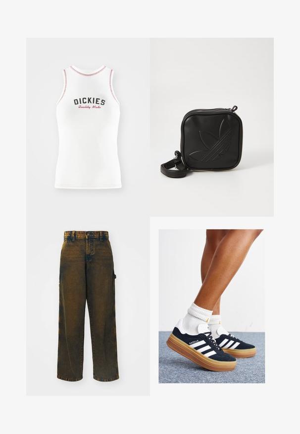Bijela bez rukava majica s crvenim i crnim natpisom "DICKIES Quality Made". Ima kontrastne crvene šavove i klasičan kroj.; Široke traperice od denima, u izblijedjeloj tamno smeđoj boji s svjetlijim naglascima, klasičnog pet-džepnog dizajna i dugmetom za zatvaranje.; Crne tenisice od brušene kože s bijelim prugama i detaljima, okruglim vrhom, gumeni potplat boje gume, uparene s bijelim rebrastim čarapama.; Crna kvadratna torbica preko tijela napravljena od teksturiranog sintetičkog materijala. Ima urezani dizajn logotipa i podesivu traku. Zatvaranje na patentni zatvarač.