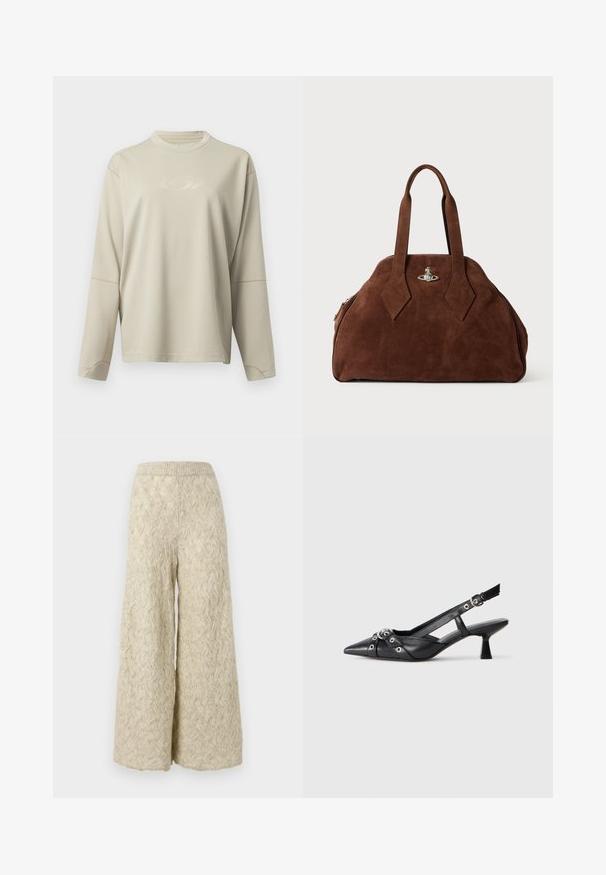 Világos bézs, hosszú ujjú hálós felső kerek nyakkal. Finoman domborított logó és kontrasztos varrás látható az illesztéseknél.; Széles lábú nadrág világos bézs színben, kötött textúrával és hullámos mintázattal. Rugalmas derékpánttal rendelkezik a kényelem érdekében, és laza illeszkedésű.; Fekete bőr slingback cipő hegyes orral, dekoratív pántokkal, fém szemekkel és alacsony blokk sarkú. Texturált felület.; Barna velúr kézi táska, strukturált formával, kerek testtel és megnyújtott gyémánt alakú fogantyúkkal. Ezüst színű záródással rendelkezik.