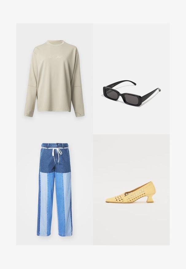 Light beige long-sleeve mesh top with a round neck. Features a subtly embossed logo and contrasting stitching along the seams.; Blue denim pants featuring a patchwork design with varying shades of blue, a drawstring waist, and loose, straight-cut legs.; Yellow woven heeled shoe with a square toe, cutouts, and a sculpted block heel. Textured material enhances lightweight appearance.; Black rectangular sunglasses with dark lenses, glossy finish, wide arms, and a chunky frame design. Engraved brand name on one arm.
