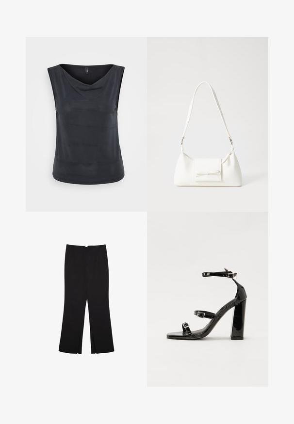 Hihaton musta paita, jossa on laskostettu kaula-aukko. Valmistettu sileästä, kevyestä kankaasta. Ominaisuuksiin kuuluu rento istuvuus ja pyöristetty helma.; Mustat housut suoralinjaisella leikkauksella, joissa on etutaskut ja sivurei'ät helman alla. Valmistettu pehmeästä ja sileästä kankaasta. Sopii eri tilaisuuksiin.; Musta kiiltävä korkokenkä sandaalit neliönmuotoisella varpaalla, nilkkaremmillä ja hopeisilla soljilla. Varustettu tukevalla lohkokorkealla vakauden takaamiseksi.; Valkoinen synteettinen käsilaukku, jossa on kolmikulmainen muoto, tasainen etu läppä ja nauhadetail, säädettävä olkahihna, sileä rakenne ja minimalinen muotoilu.; Selkeä ja meripihkaiset hartsi-renkaat, yksi sileä ja läpinäkyvä, toinen teksturoitu, meripihkan värinen. Molemmat esittelevät pyöristettyjä, massiivisia muotoja.