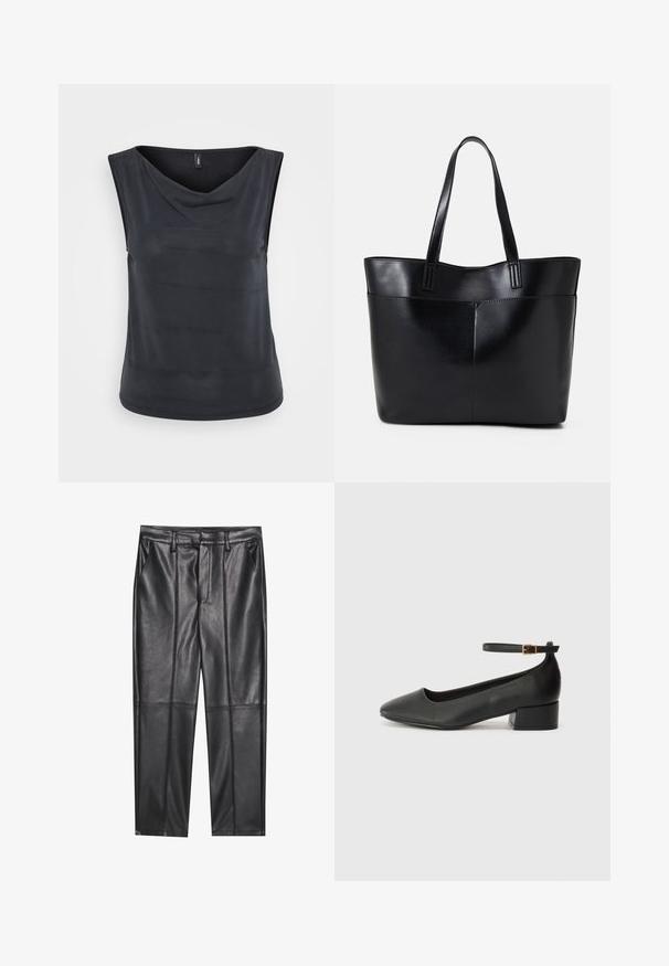 Bežinės juodos spalvos palaidinė be rankovių su akinimo iškirpte. Pagaminta iš sklandžios, lengvos medžiagos. Turi laisvą siluetą ir apvalų apatinį kraštą.; Juodos odinės kelnės su lygiu tekstūru, tiesaus kirpimo, dviem priekinėmis kišenėmis ir matomomis siūlėmis.; Juodas odinis aukštakulnis batelis su smailiu pirštu ir žemu bloku. Su kulkšnies dirželiu su auksinės spalvos sagtimi. Lygus paviršius.; Juoda odinė rankinė su dviem ilgais diržais, lygiu paviršiumi ir struktūrizuota forma. Yra priekinė kišenė papildomam saugojimui.