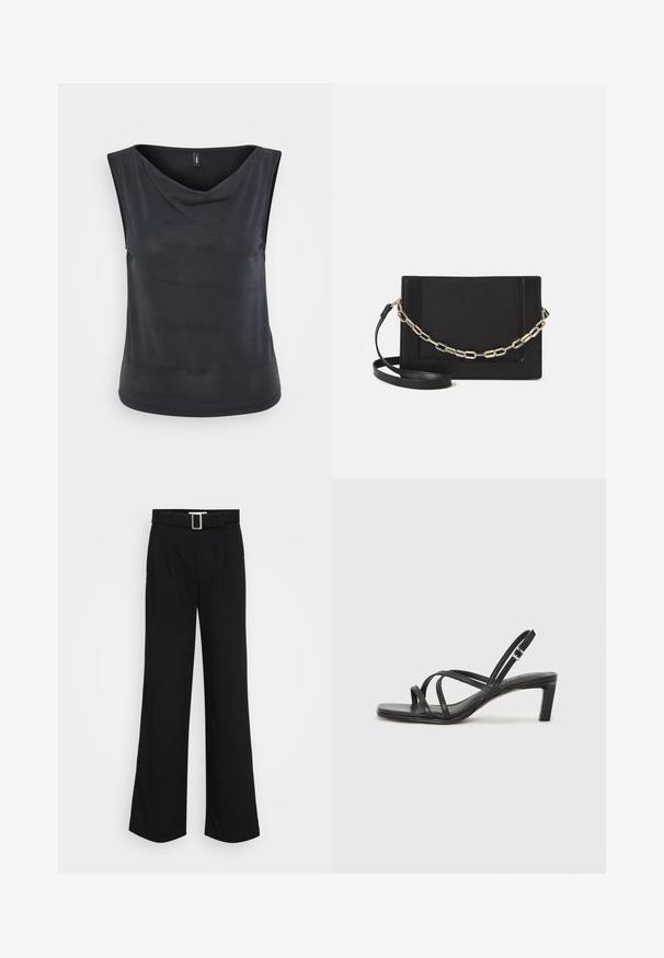 Sleeveless black top with a cowl neckline. Made of smooth, lightweight fabric. Features a relaxed fit and a rounded hem.; Black wide-leg trousers made of lightweight fabric, featuring a smooth texture, front pleats, and a belt with a square metal buckle.; Black strappy sandal with a square toe and a low block heel. Features multiple thin straps and an adjustable ankle strap. Made of smooth leather.; Black leather crossbody bag featuring a smooth texture, rectangular shape, and a metallic chain detail on the front. Adjustable strap included.