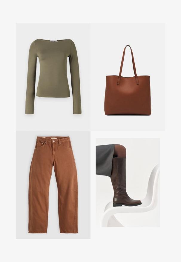 Olive green long-sleeve top in a fitted design, made from a smooth, stretchy fabric with a wide neckline and minimal seams.; Rust brown straight-leg jeans with front and back pockets, metal rivets, button closure, and belt loops, laid flat on a white background.; Brown leather knee-high boot with a rounded toe, smooth texture, and minimal stitching details, set against a light background on a white chair.; Brown leather tote bag with a smooth texture, open top design, and two shoulder straps. Features minimal stitching and no visible hardware.