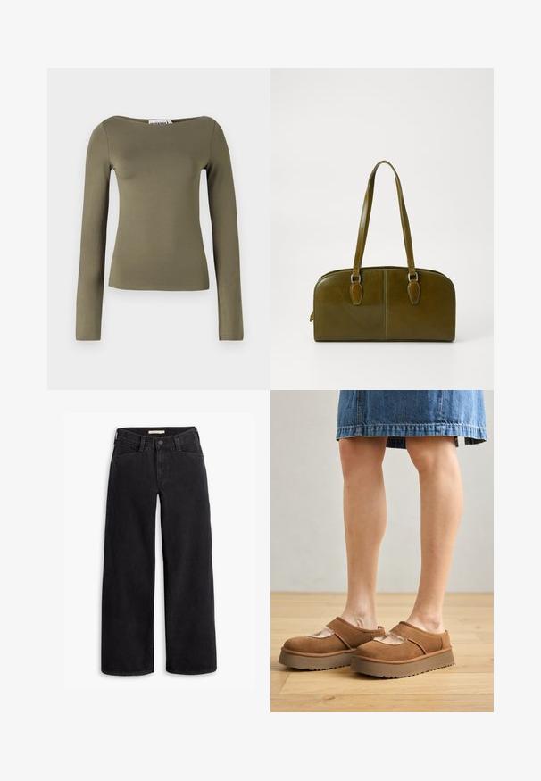 Olive žalia ilgarankovė palaidinė su prigludusia forma, pagaminta iš lygios, tamprios medžiagos, su plačiu iškirpimu ir minimaliu siūlių kiekiu.; Juodi plačių kojų džinsai, pagaminti iš džinsinio audinio. Yra aukštu liemeniu, priekinėmis kišenėmis ir užtrauktuku su mygtuko uždarymu. Lygus paviršius.; Rudos nubuko platforminiai batai su apvalia nosimi, išpjovų detalėmis ir tvirtu padu, kartu su džinsiniu sijonu ant medinės grindų.; Alyvuogių žalio odinio rankinės, su išlenkta forma, dviem rankenomis ir vientisu priekiniu paviršiumi. Pasižymi lygiu paviršiumi ir subtiliomis siuvimo detalėmis.