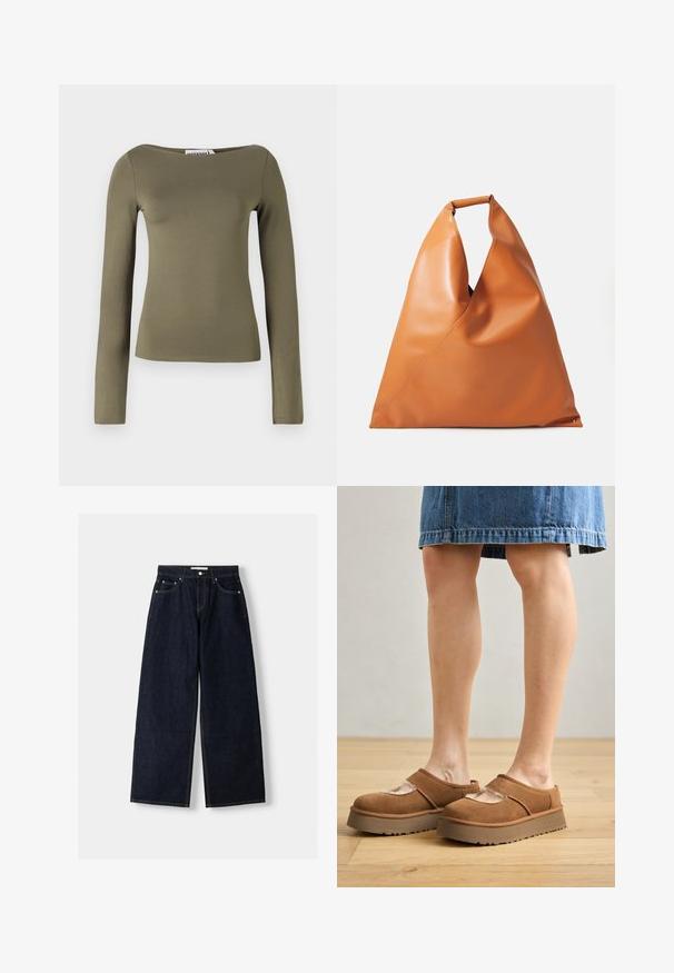 Olivegrünes Langarmoberteil in schmaler Passform, aus einem glatten, elastischen Stoff mit weitem Ausschnitt und minimalen Nähten.; Dunkelblaue, weite Jeans mit hoher Taille, fünf Taschen, Kontrastnähten und silbernem Metallzubehör. Glatte Textur und saubere Verarbeitung.; Braune Wildleder-Plateauschuhe mit abgerundetem Zehenbereich, Cut-out-Details und einer stabilen Sohle, kombiniert mit einem Jeansrock auf einem Holzboden.; Tanfarbene, glatte Leder-Handtasche in Dreiecksform mit einem kurzen, runden Griff und einer weichen, lässigen Struktur auf einem weißen Hintergrund.