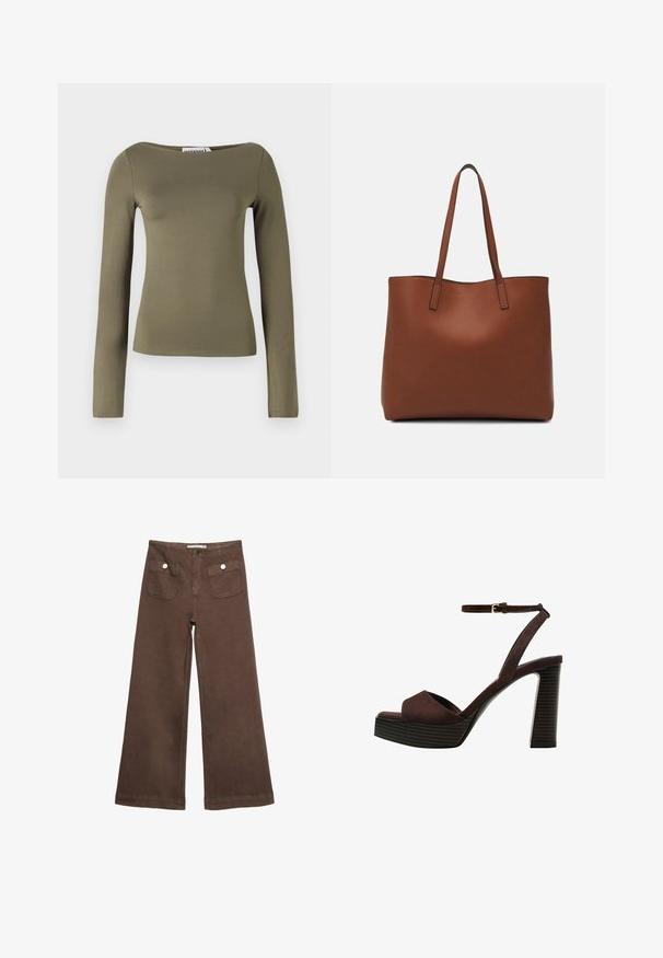 Oliivinvihreä pitkähihaisessa paidassa on slimmi muotoilu, joka on valmistettu sileästä, joustavasta kankaasta. Paidassa on leveä pääntie ja minimaalinen saumaus.; Ruske leve bukser i bomuld med to forlommer med sølvknapper og en glat overflade.; Ruske kožne sandale s visokom potpeticom, otvorenim prstima, podesivim kopčanjem oko gležnja i prugastim platformskim đonom.; Ruskea nahkainen olkalaukku, jossa on sileä pinta, avoin yläosa ja kaksi olkahihnaa. Omaavat vain minimaalisen ompelun eikä näkyvää metalliosaa.