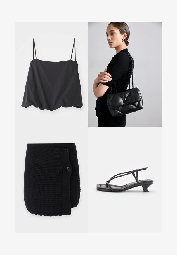 Mustavärviline ilma varrukateta topp, millel on õhukesed rihmad, laialdane lõige ja kokku kogutud ääre. Valmistatud kergest kangast, millel on sile tekstuur.; Mustra musternuga mustriga musterdiskangastusega musternuga, kahe suure nööbi ja lainetava äärisega. Pehme materjal ja mugav disain.; Must must sandaalid, millel on õhukesed rihmad, madal plokknina ja ruudukujuline varvas. Omab kinnitust nahkel ja sile pind.; Mustmust mustrilik nahast käekott ahelkonnaga, millel on esiküljel metallist logo aktsent ja sile pind.