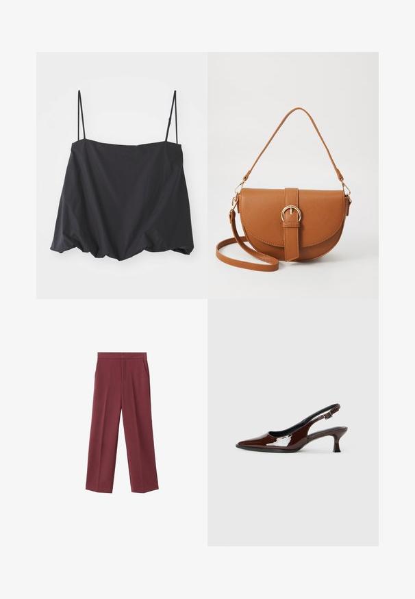 Czarny bezrękawnik z cienkimi ramiączkami, luźny krój i marszczony dół. Wykonany z lekkiego materiału o gładkiej fakturze.; Bordowe spodnie typu wide-leg o gładkiej teksturze, z bocznymi kieszeniami i wysokim stanem. Skrojone z wyraźnym zagięciem z przodu.; Brązowe lakierowane skórzane buty na obcasie typu slingback z ostrym noskiem i umiarkowanym obcasem. Posiadają pasek z klamrą dla zapewnienia stabilnego dopasowania. Gładka tekstura.; Brązowa skórzana torba na ramię o zaokrąglonym kształcie, ze złotymi akcentami i zapięciem w formie klamry. Posiada odpinany pasek na ramię.