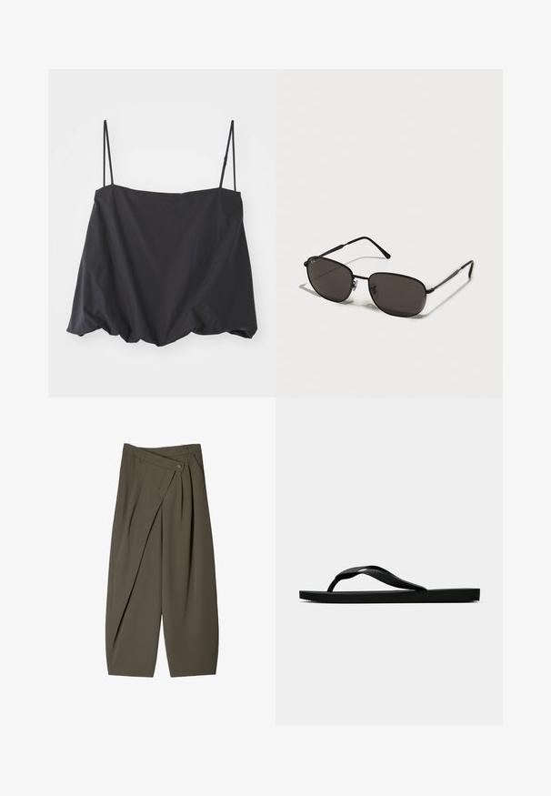 Schwarzes ärmelloses Oberteil mit dünnen Trägern, lockerer Passform und gerafftem Saum. Hergestellt aus leichtem Stoff mit glatter Textur.; Weite Hose aus dunkelolivgrünem Stoff mit einem gefältelten Vorderdesign, einem Knopfverschluss und einer glänzenden, strukturierten Oberfläche.; Schwarze Gummi-Flip-Flop-Sandale mit einem strukturierten Riemen und einfacher flacher Sohle, von der Seite auf einem schlichten hellen Hintergrund dargestellt.; Schwarze Metal-Sonnenbrille mit ovalen Rahmen, dunklen Gläsern, schlanken Bügeln und einem dezenten Logo auf dem linken Glas. Elegantes, minimalistisches Design.