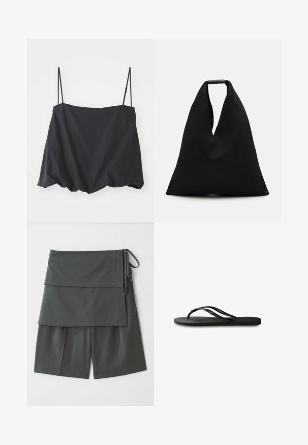 Black sleeveless top with thin straps, loose fit, and gathered hem. Made of lightweight fabric with a smooth texture.; Dark gray unisex shorts with a layered design, featuring a top panel and ties at the side. Made from a smooth, lightweight fabric.; Black flip-flop featuring a textured rubber sole, two slender straps, and a subtle, embossed logo detail on the strap.; Black fabric tote bag with a unique V-shape design and a smooth texture. Features a short handle with minimalistic hardware detail.