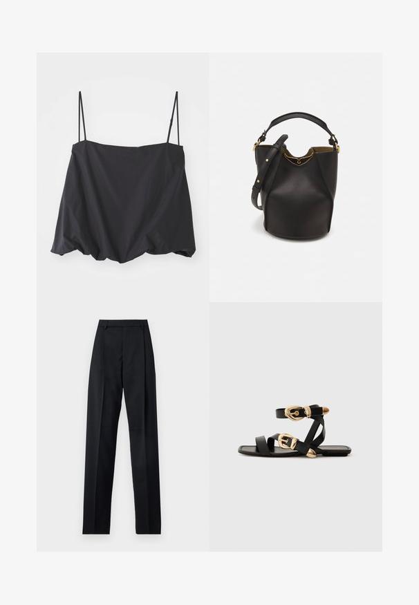 Top nero senza maniche con spalline sottili, vestibilità ampia e orlo arricciato. Realizzato in tessuto leggero con una texture liscia.; Pantaloni neri realizzati in tessuto morbido, caratterizzati da vita alta, gambe larghe, pince frontali e classiche passanti per cintura. Non ci sono tasche laterali visibili.; Sandali neri in pelle con dettagli in oro, caratterizzati da più cinghie e una suola piatta per un design open-toe.; Borsa a secchiello in pelle nera con finitura testurizzata, dettagli in metallo dorato e apertura superiore. Presenta una maniglia corta e una tracolla regolabile.
