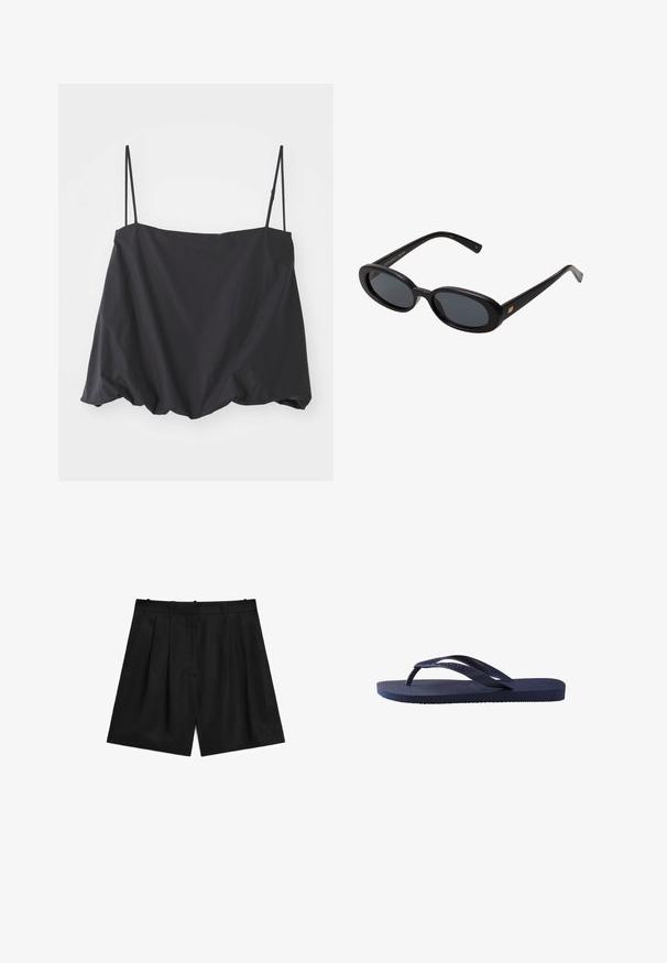 Černý top bez rukávů s tenkými ramínky, volný střih a nařasený lem. Vyrobeno z lehké tkaniny s hladkou strukturou.; Černé elegantní šortky vyrobené z hladkého, lehkého materiálu. Obsahují zde pleaty, dvě boční kapsy a čistý design pasu.; Tmavě modré žabky s texturovanými gumovými popruhy a podešví, s vlnkovaným vzorem na popruzích a plochým, vroubkovaným stélkou.; Černé oversized sluneční brýle s oválnými čočkami, hladkým plastovým rámem a zlatými akcenty na spáncích. Tmavé čočky poskytují ochranu před sluncem.; Černá kožená kabelka se strukturovaným obdélníkovým tvarem. Obsahuje zlatou oválnou sponu a tenký ramenní popruh. Hladký povrch.