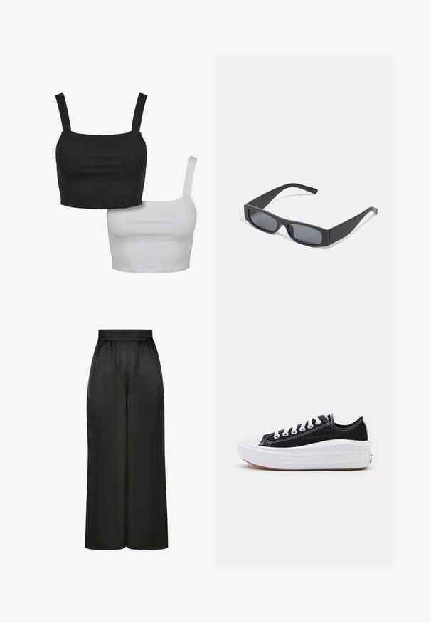 To sleeveless crop tops, en sort og en hvid, lavet af glat stof, med firkantede udskæringer og justerbare stropper.; Sorte brede bukser lavet af glat, skinnende stof med elastisk talje og uden synlige lommer eller hardwaredetaljer.; Sorte kanvas sneakers med hvide snørebånd, hvid gummitåhætte og en kraftig hvid mellemsål. Har diskret hvid syning og en gummisål.; Sorte rektangulære solbriller med mørke linser og tykke matte stel. Armen er let tilspidset med en glat overflade.