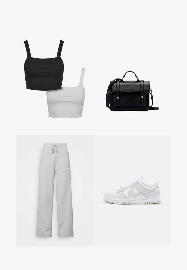 Dva kratka topa bez rukava, jedan crni i jedan bijeli, izrađeni od glatkog materijala, s kvadratnim izrezom i podesivim trakama.; Sive trenirke s elastičnim pojasom, detaljem za vezanje, i malim bijelim Nike logom na lijevom bedru. Mekana tkanina, širokog kroja.; Bijele kožne tenisice s sivozlatnim naglascima, perforiranim prstom, ravnim vezicama, udobnim ovratnikom i teksturiranom gumena potplatom.; Crna kožna torba preko tijela sa strukturiranim dizajnom, gornjom ručkom, podesivim remenom, prednjim poklopcem i metalnim detaljima. Sadrži brendiranje sprijeda.