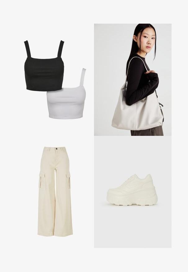 Kaks varrukatuks crop topi, üks must ja teine valge, valmistatud siledast kangast, millel on ruudukujulised kaelused ja reguleeritavad rihmad.; Beez värvi laiad cargo püksid, mis on valmistatud puuvillast, kahte suurt külge taskut, ees nupuga sulgemine ja puhas äär.; Valged platvormi tõusukingad, millel on siledast nahast meenutav pealis, ümar kuju, pehmendatud kaelus ja tekstureeritud kummitald koos selgete hüdrofoobsete mustritega.; Bež käekott pehme materjali, millel on lõtv disain, õmblustega detailid ja kaks õlarihma. Sobib igapäevaseks kasutamiseks.