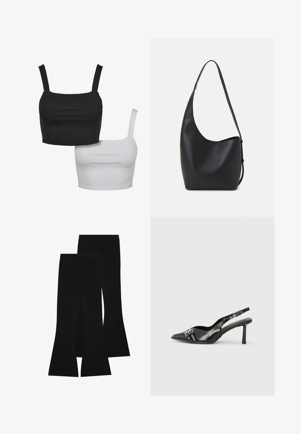 Două topuri scurte fără mâneci, unul negru și unul alb, realizate dintr-o țesătură netedă, având decolteu pătrat și bretele ajustabile.; Pantaloni negri evazați din țesătură elastică, cu un talie înaltă și o textură fină, având un design ajustat care se lărgește de la genunchi.; Pantofii slingback din piele lăcuită neagră, cu vârf ascuțit, bretele pentru gleznă cu catarame și accesorii din argint, și un toc subțire.; Geantă hobo din piele neagră, cu o textură netedă, formă curbată și un singur bretele ajustabil; are o deschidere largă în partea de sus.